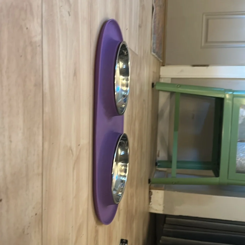 Messy Cat Bowls tray Modern Double Feeder purple silicon stainless steel bowls